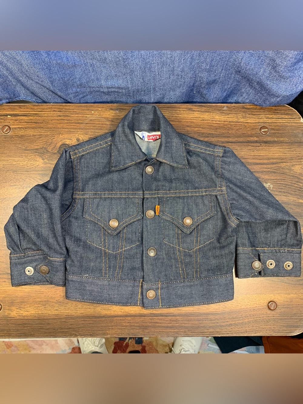 Vintage 70s Levi’s Orange Tab Kids Denim Jacket Size 2 Snap Front Dark Wash